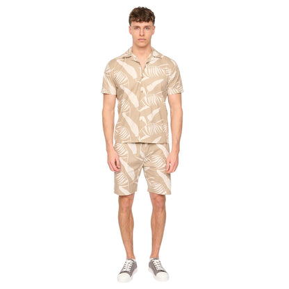 Light Stone - Front - Duck and Cover Mens Hopkinton Tropical Leaves Breathable Shirt And Shorts Set