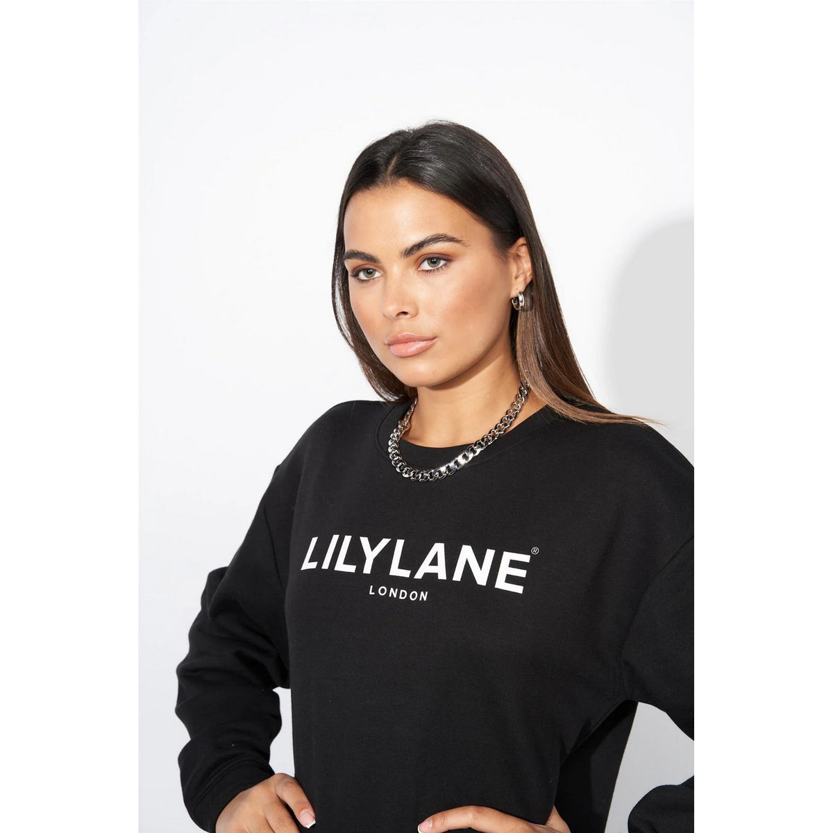 Black - Side - Lily Lane Womens-Ladies Valeria Crew Neck Sweatshirt