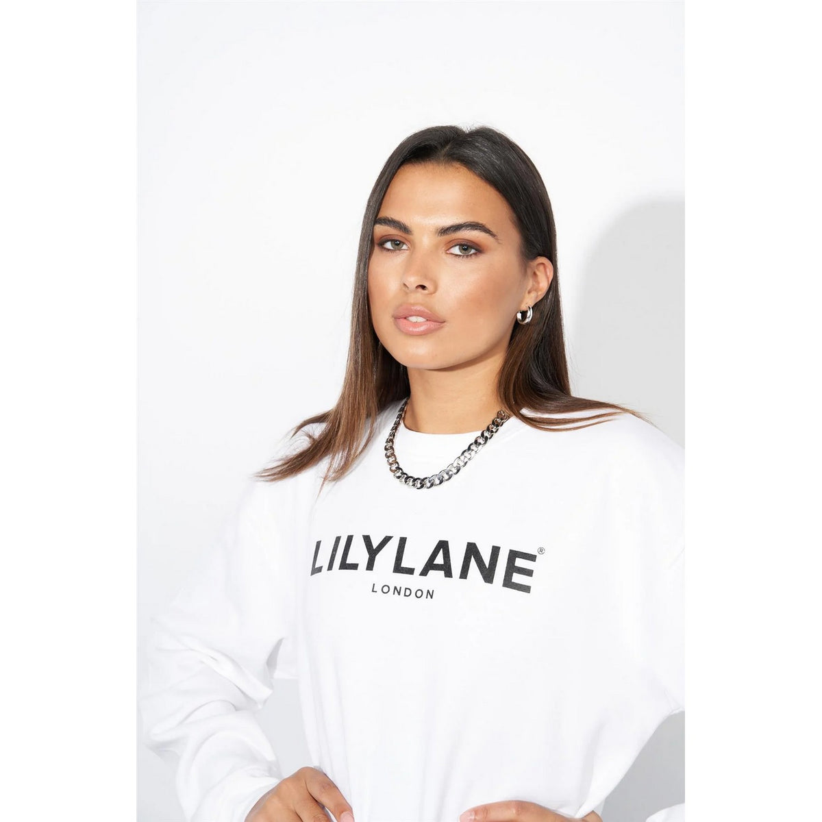 White - Side - Lily Lane Womens-Ladies Valeria Crew Neck Sweatshirt