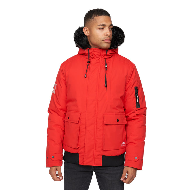 Red hooded bomber jacket hotsell