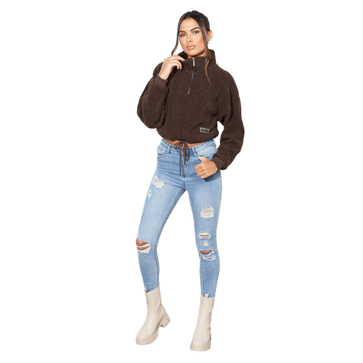 Brown - Pack Shot - Lily Lane Womens-Ladies Kimora Borg Funnel Neck Hoodie