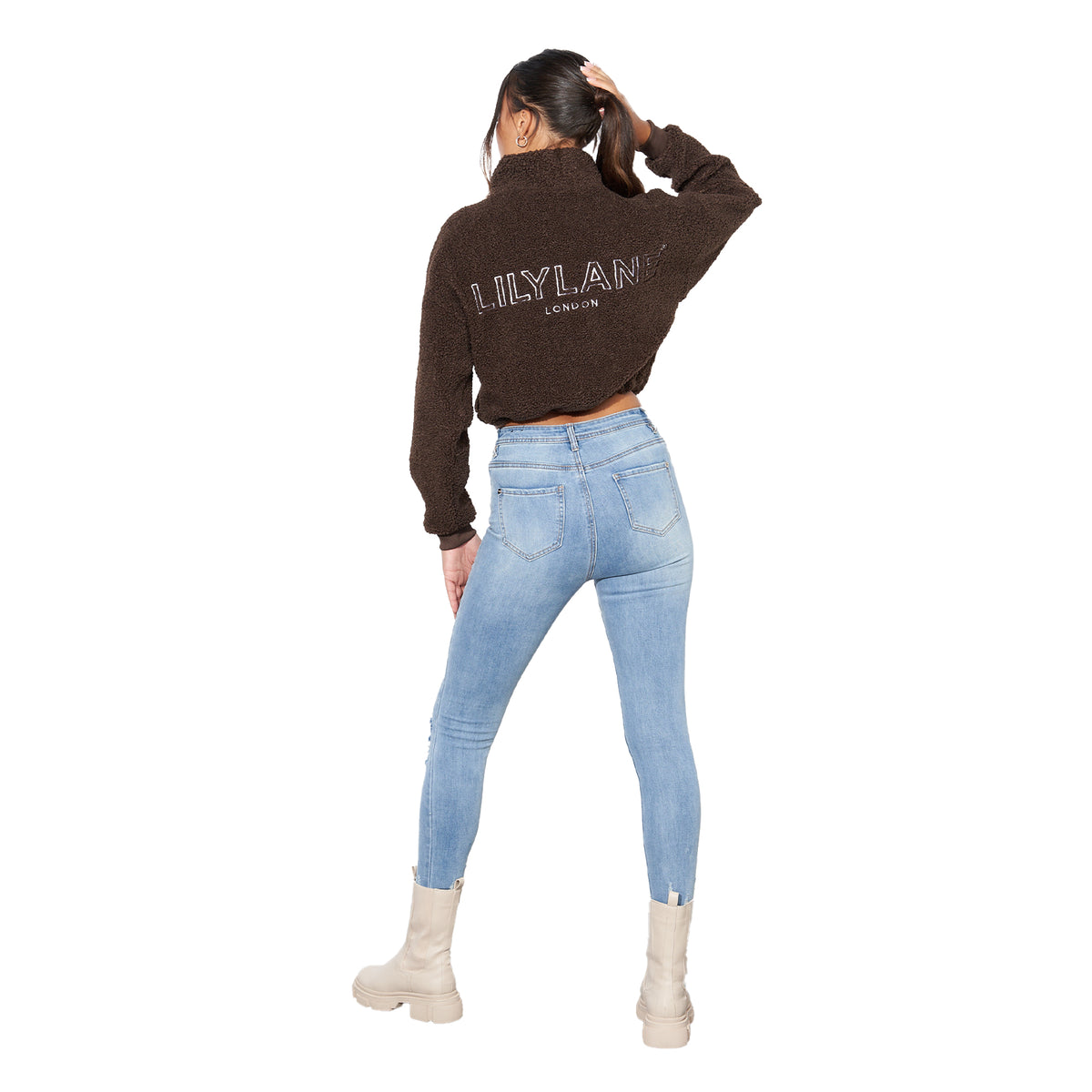 Brown - Back - Lily Lane Womens-Ladies Kimora Borg Funnel Neck Hoodie