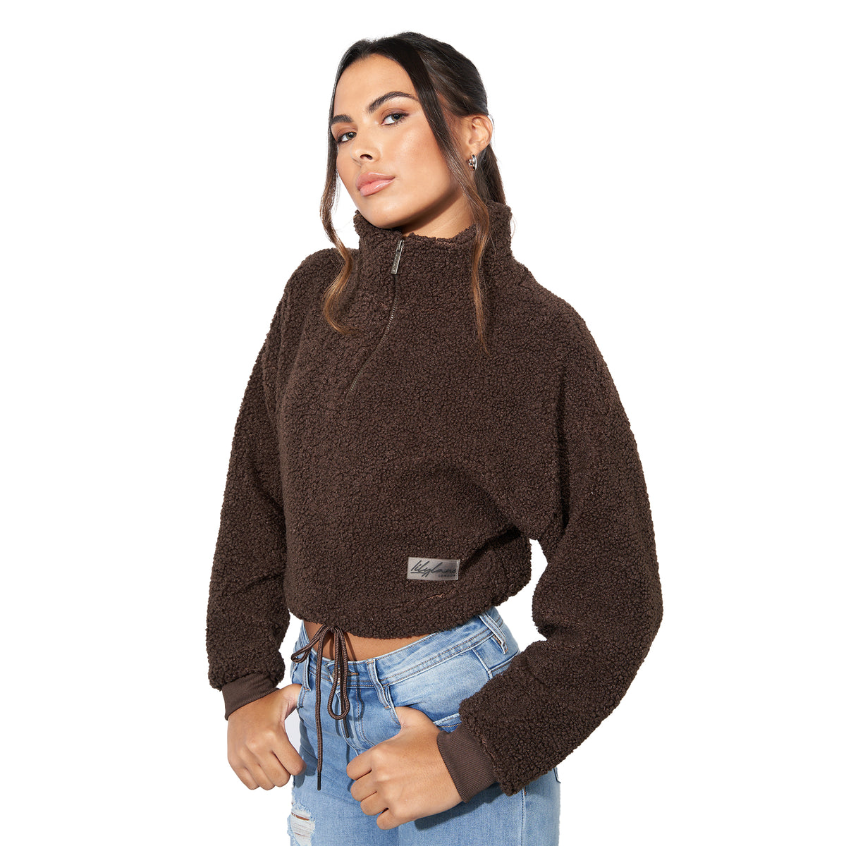 Brown - Side - Lily Lane Womens-Ladies Kimora Borg Funnel Neck Hoodie