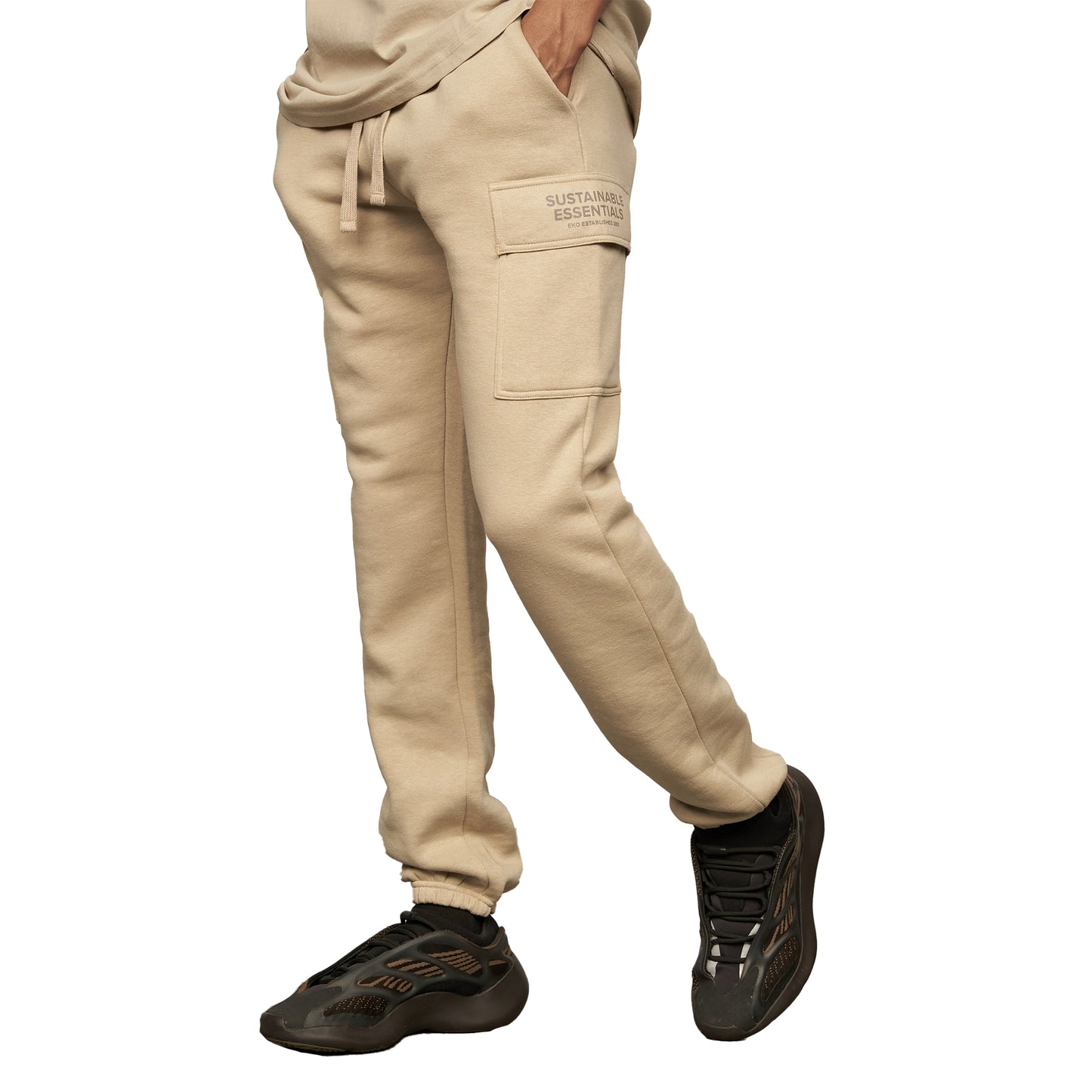 Taupe - Side - EKO Essentials Mens Moxley Cargo Jogging Bottoms