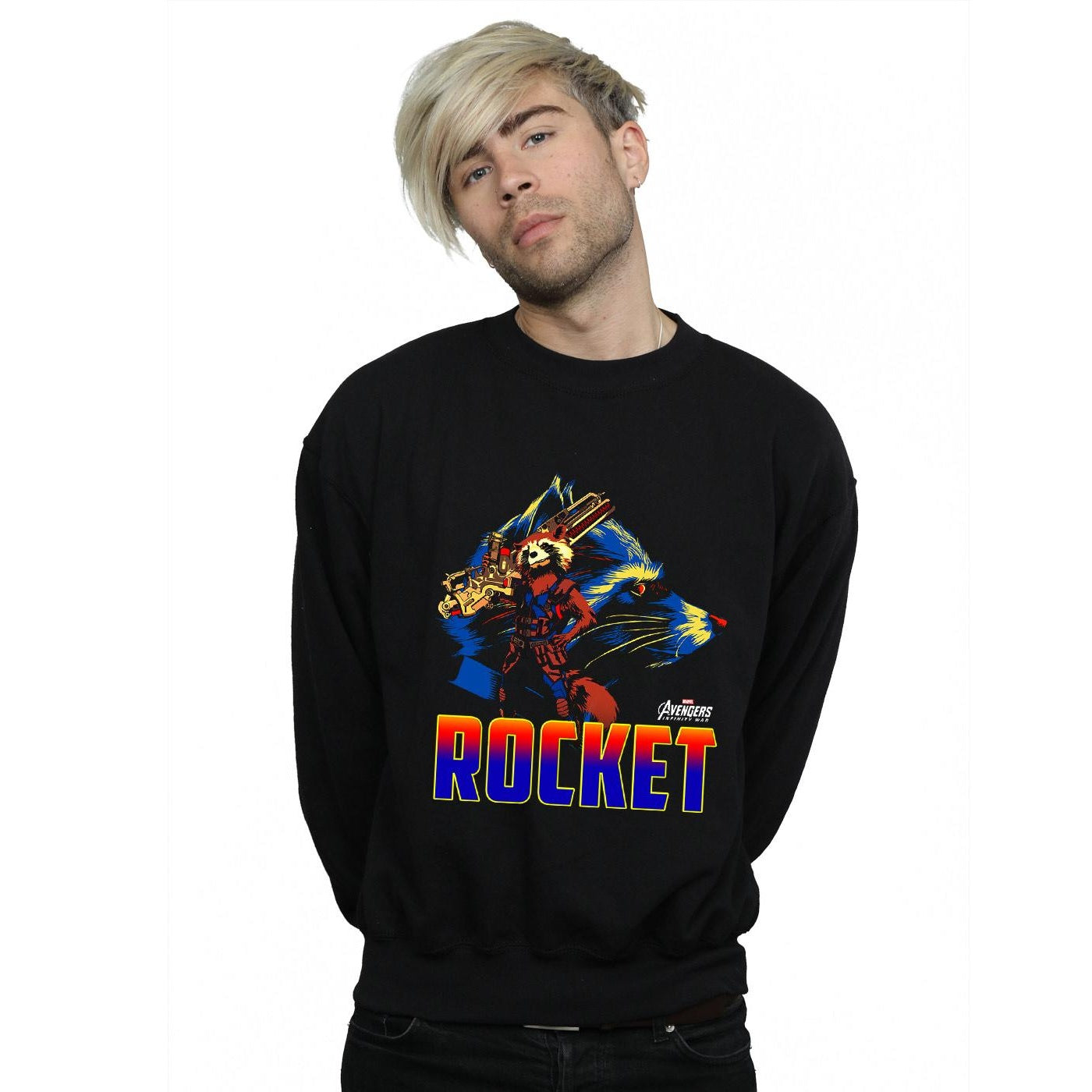 Black - Back - Marvel Mens Avengers Infinity War Rocket Character Cotton Sweatshirt