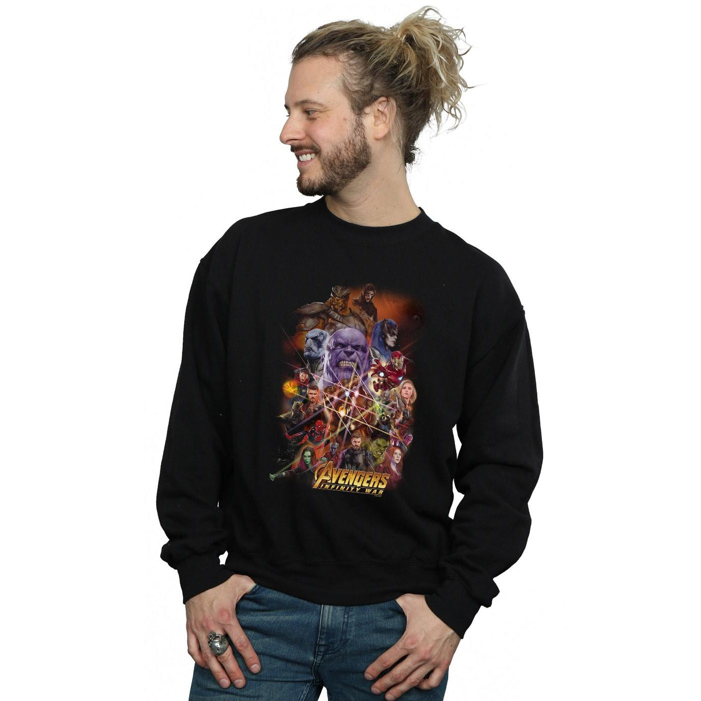 Black - Back - Marvel Mens Avengers Infinity War Character Poster Cotton Sweatshirt