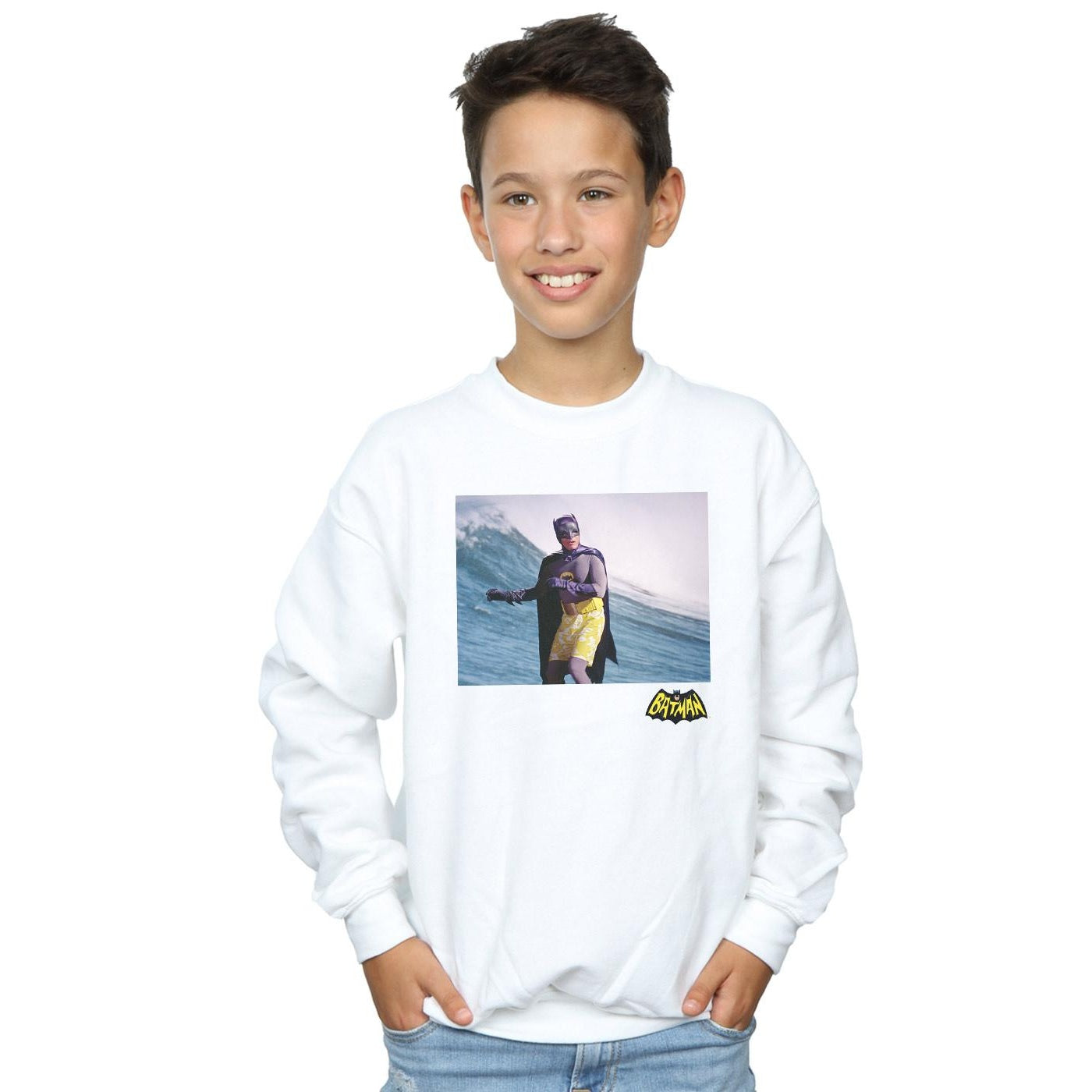 White - Back - DC Comics Boys Batman TV Series Surfing Logo Sweatshirt