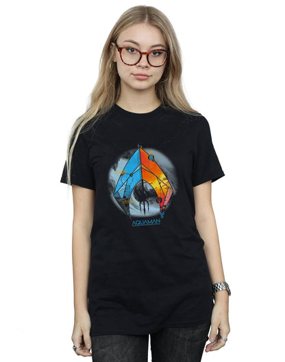 Black - Back - DC Comics Womens-Ladies Aquaman Tropical Logo Cotton Boyfriend T-Shirt