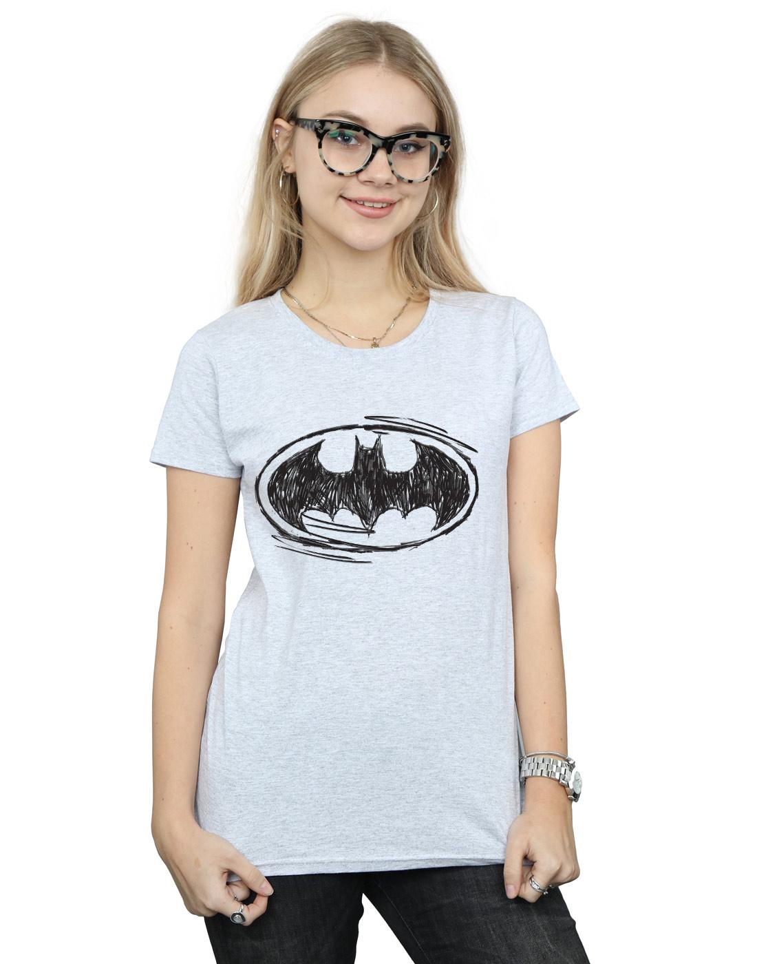 Sports Grey - Back - DC Comics Womens-Ladies Batman Sketch Logo Cotton T-Shirt