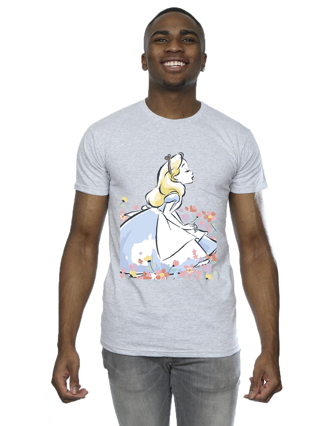Sports Grey - Back - Disney Mens Alice In Wonderland Sketch Flowers T-Shirt