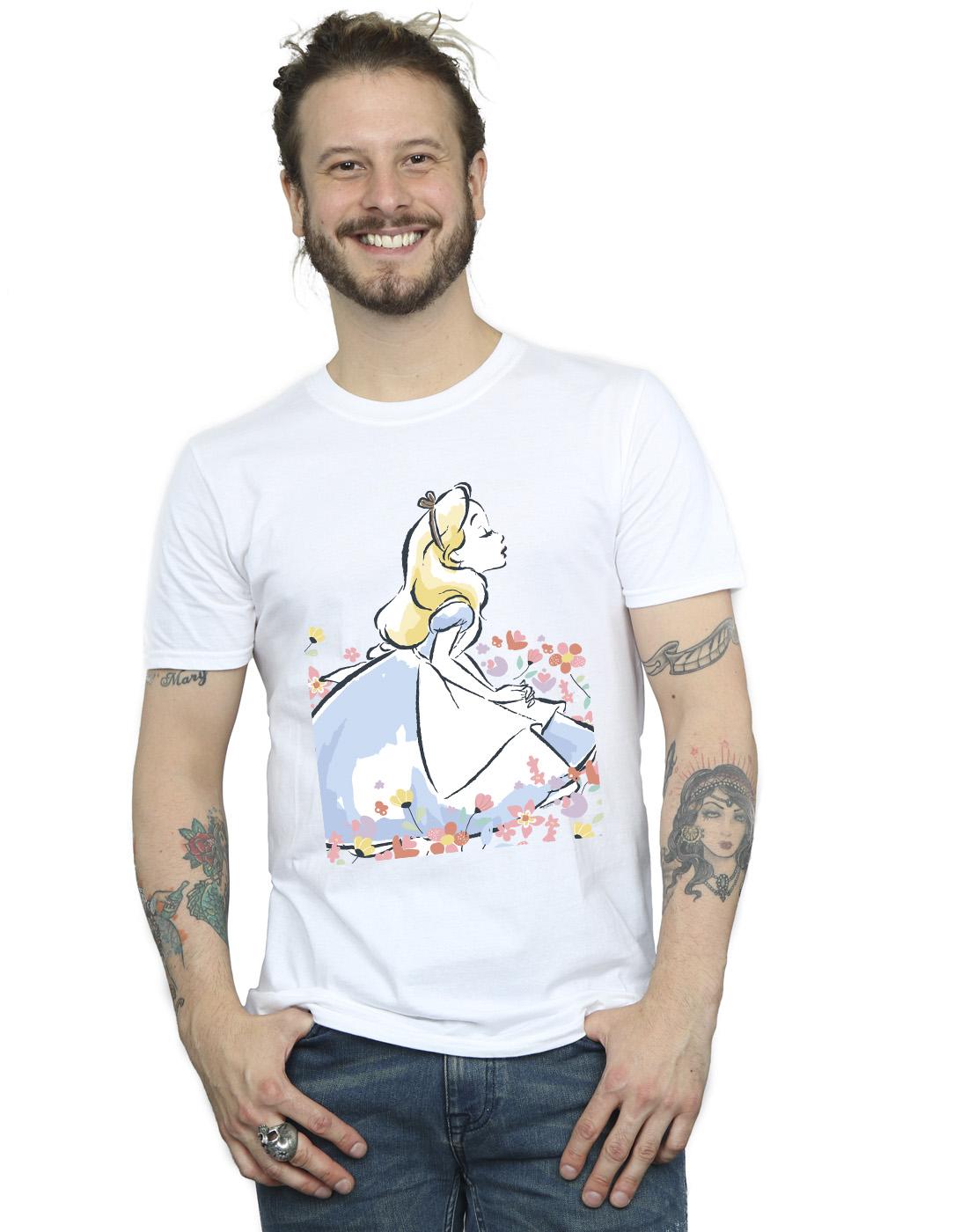 White - Back - Disney Mens Alice In Wonderland Sketch Flowers T-Shirt