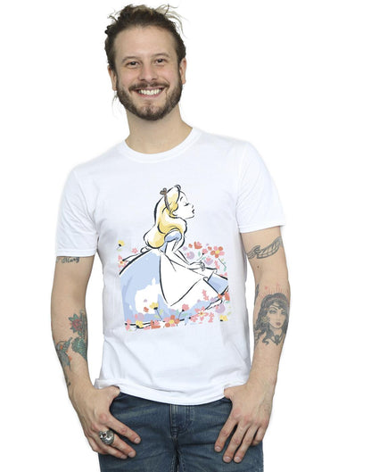 White - Back - Disney Mens Alice In Wonderland Sketch Flowers T-Shirt