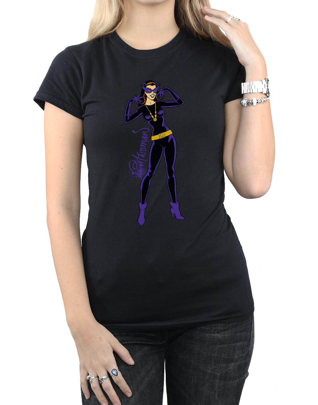 Black - Side - DC Comics Womens-Ladies Catwoman Happy Pose Cotton T-Shirt