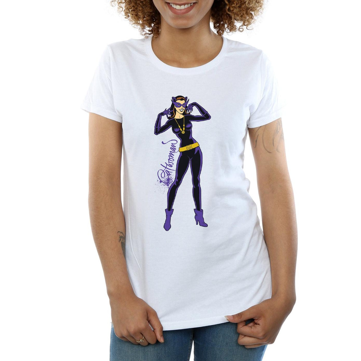 White - Side - DC Comics Womens-Ladies Catwoman Happy Pose Cotton T-Shirt