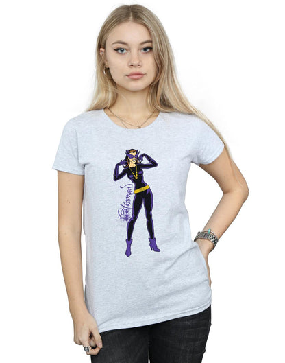Sports Grey - Back - DC Comics Womens-Ladies Catwoman Happy Pose Cotton T-Shirt