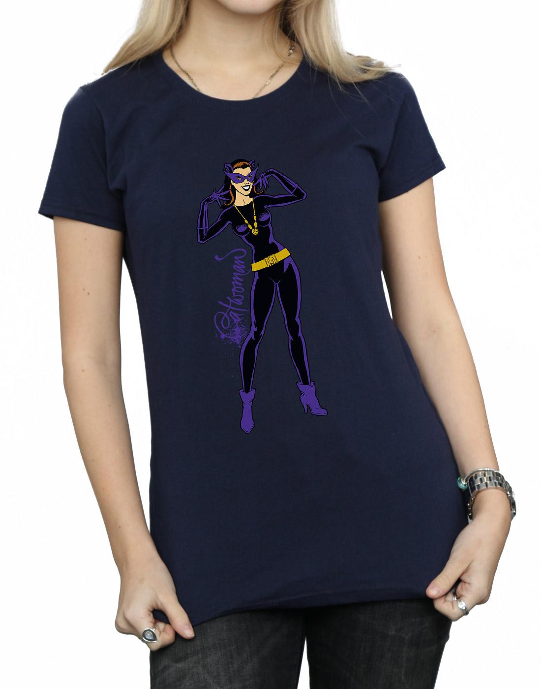 Navy Blue - Side - DC Comics Womens-Ladies Catwoman Happy Pose Cotton T-Shirt
