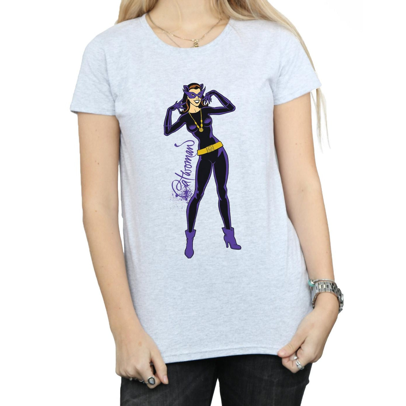 Sports Grey - Side - DC Comics Womens-Ladies Catwoman Happy Pose Cotton T-Shirt