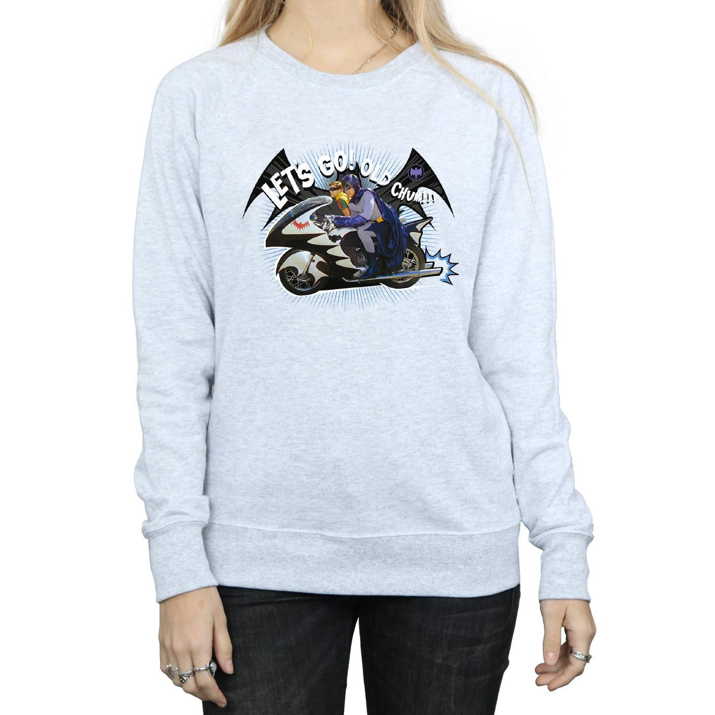 Heather Grey - Side - DC Comics Womens-Ladies Batman TV Series Bat Bike Sweatshirt