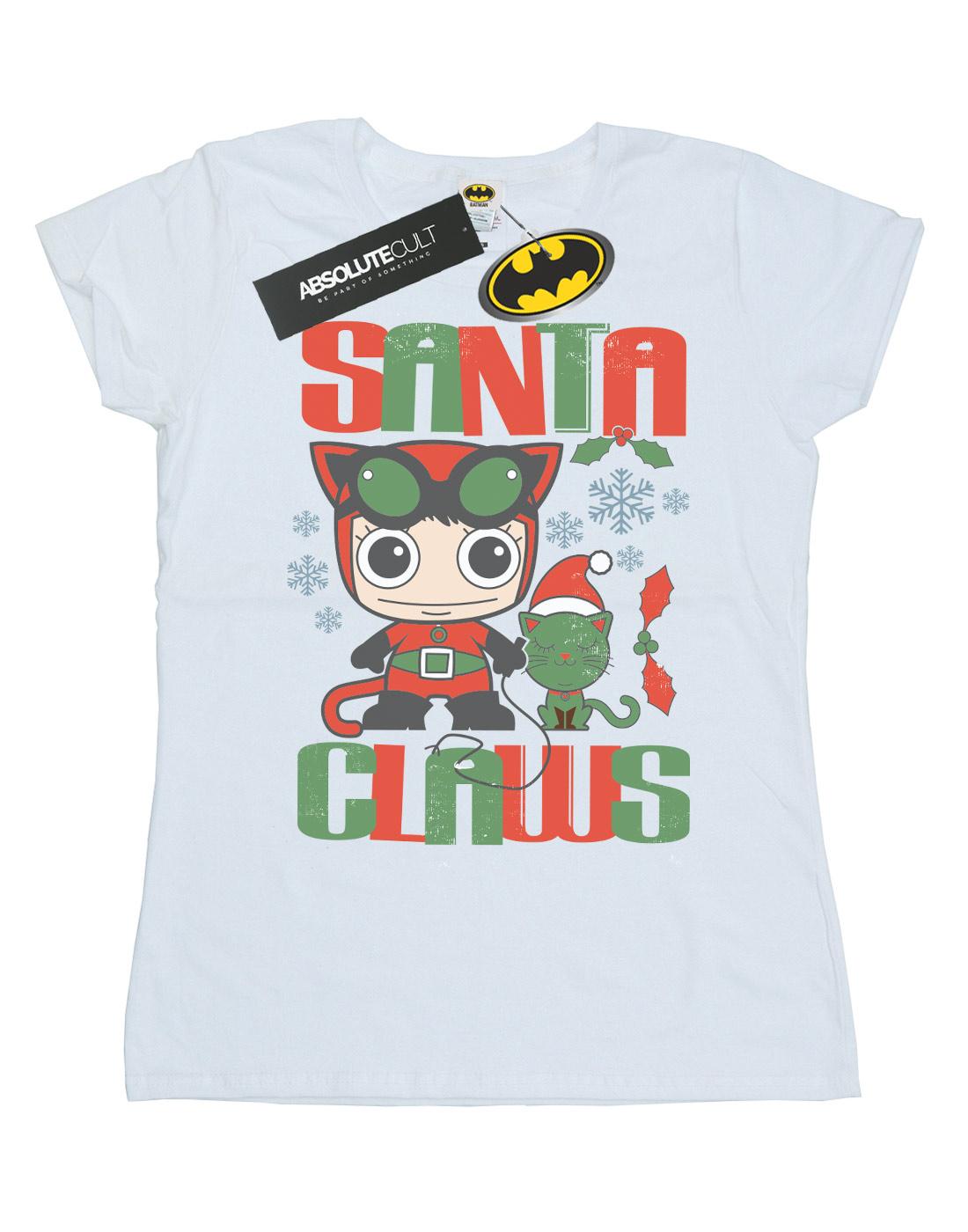 White - Front - DC Comics Womens-Ladies Chibi Catwoman Santa Claws Cotton T-Shirt