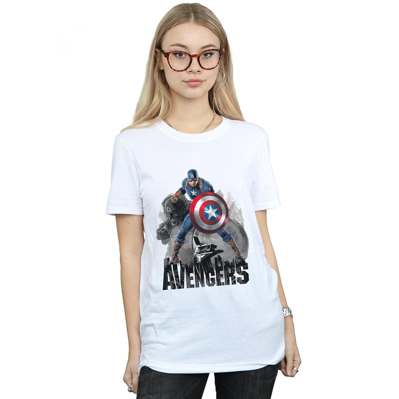 White - Back - Marvel Womens-Ladies Captain America Action Pose Cotton Boyfriend T-Shirt