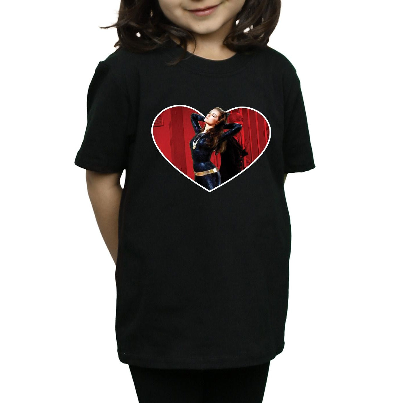 Black - Side - DC Comics Girls Batman TV Series Catwoman Heart Cotton T-Shirt