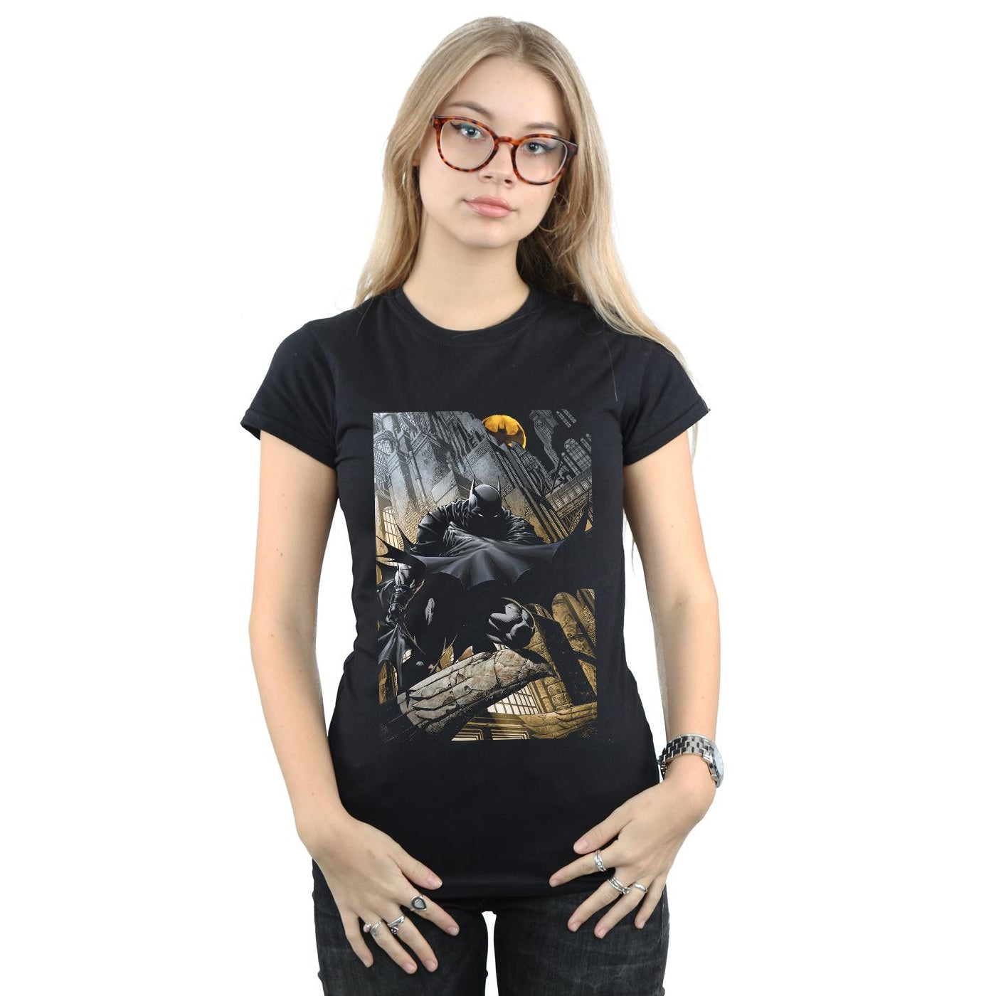 Black - Back - DC Comics Womens-Ladies Batman Night Gotham City Cotton T-Shirt