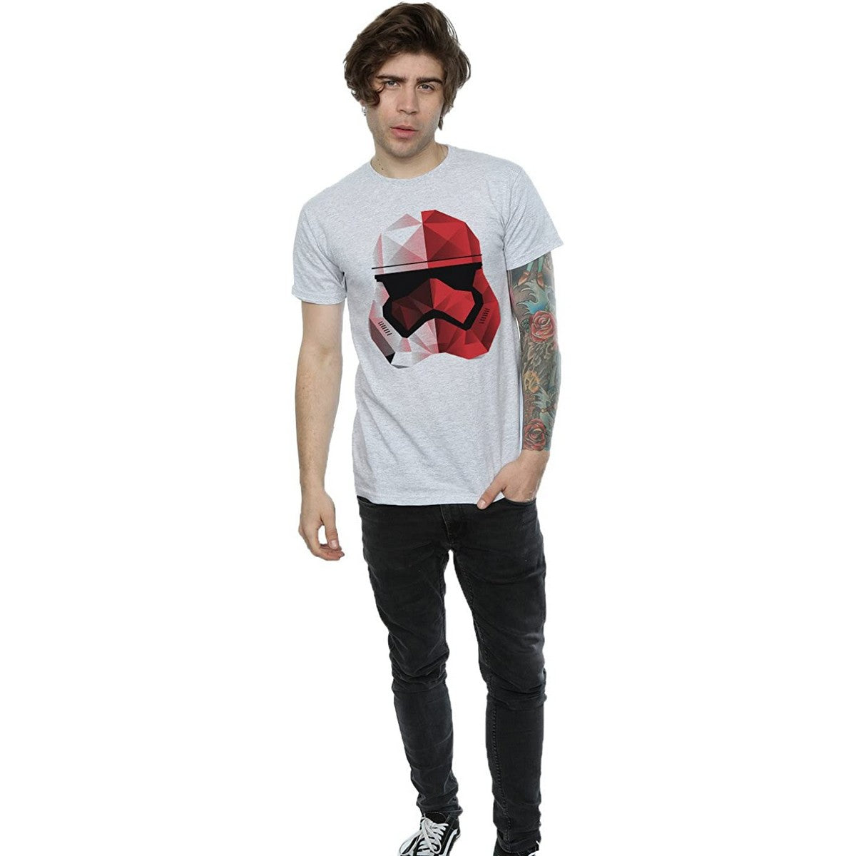 Sports Grey - Back - Star Wars: The Last Jedi Mens Red Cubist Stormtrooper Helmet T-Shirt