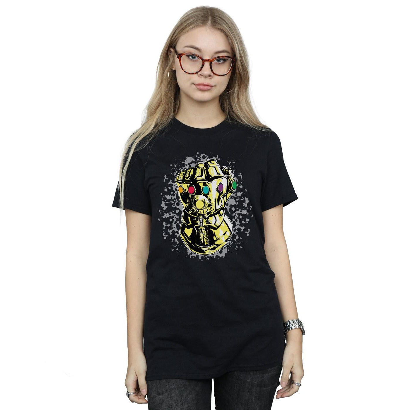 Black - Back - Marvel Womens-Ladies Avengers Infinity War Thanos Fist Cotton Boyfriend T-Shirt