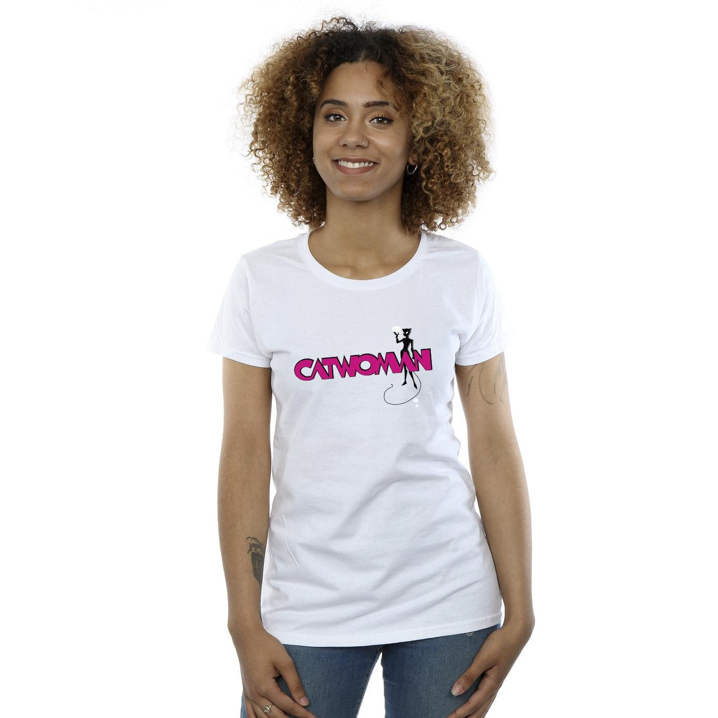 White - Back - DC Comics Womens-Ladies Batman Catwoman Logo Cotton T-Shirt