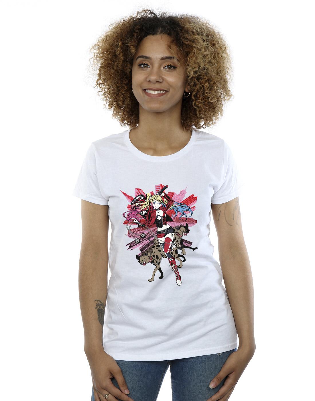 White - Back - DC Comics Womens-Ladies Harley Quinn Hyenas Cotton T-Shirt