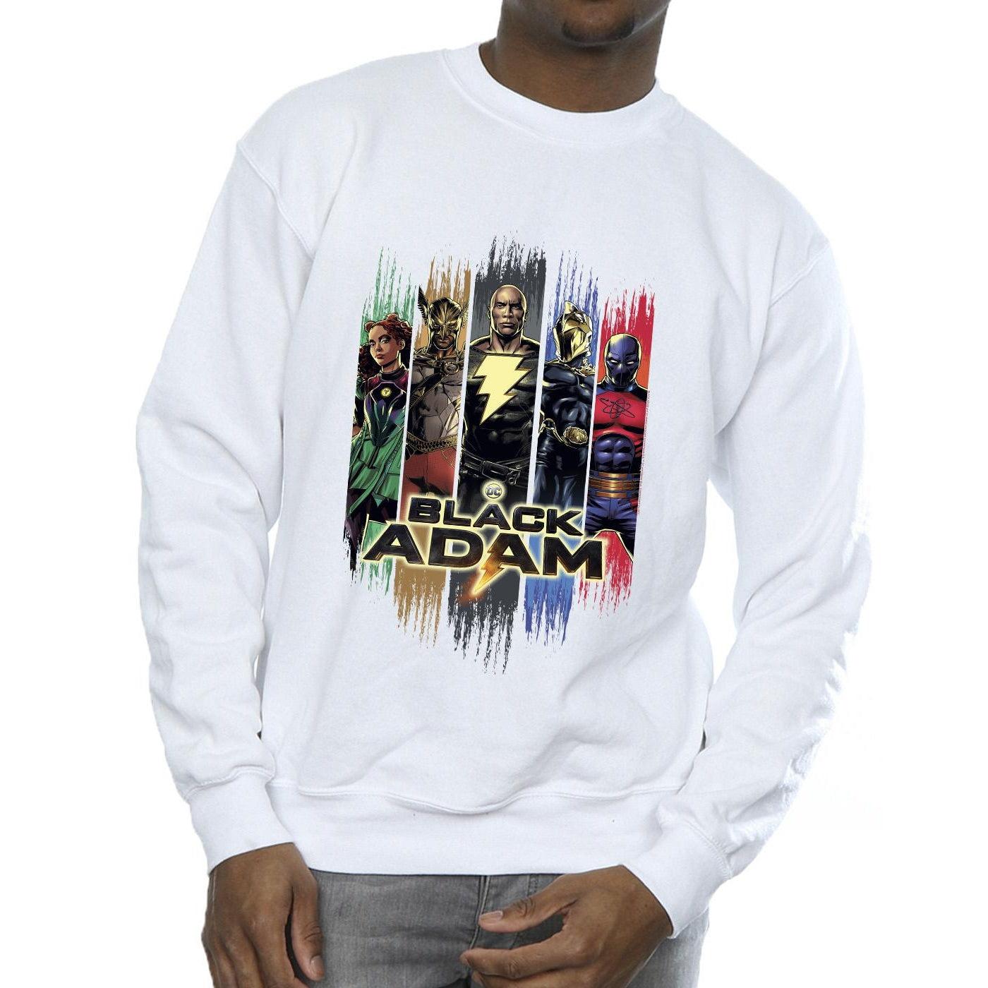 White - Side - DC Comics Mens Black Adam JSA Complete Group Cotton Sweatshirt