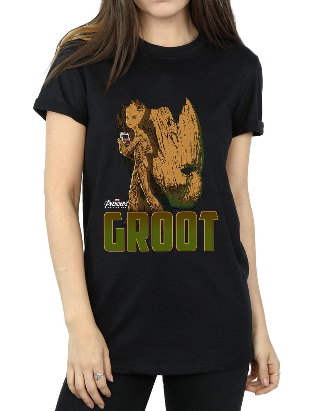 Black - Side - Marvel Womens-Ladies Avengers Infinity War Groot Character Cotton Boyfriend T-Shirt