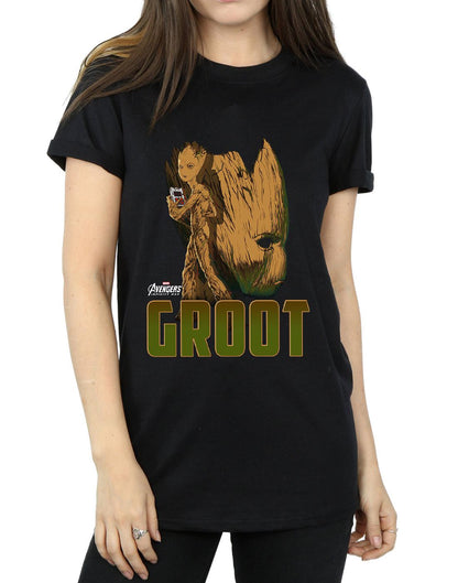 Black - Side - Marvel Womens-Ladies Avengers Infinity War Groot Character Cotton Boyfriend T-Shirt