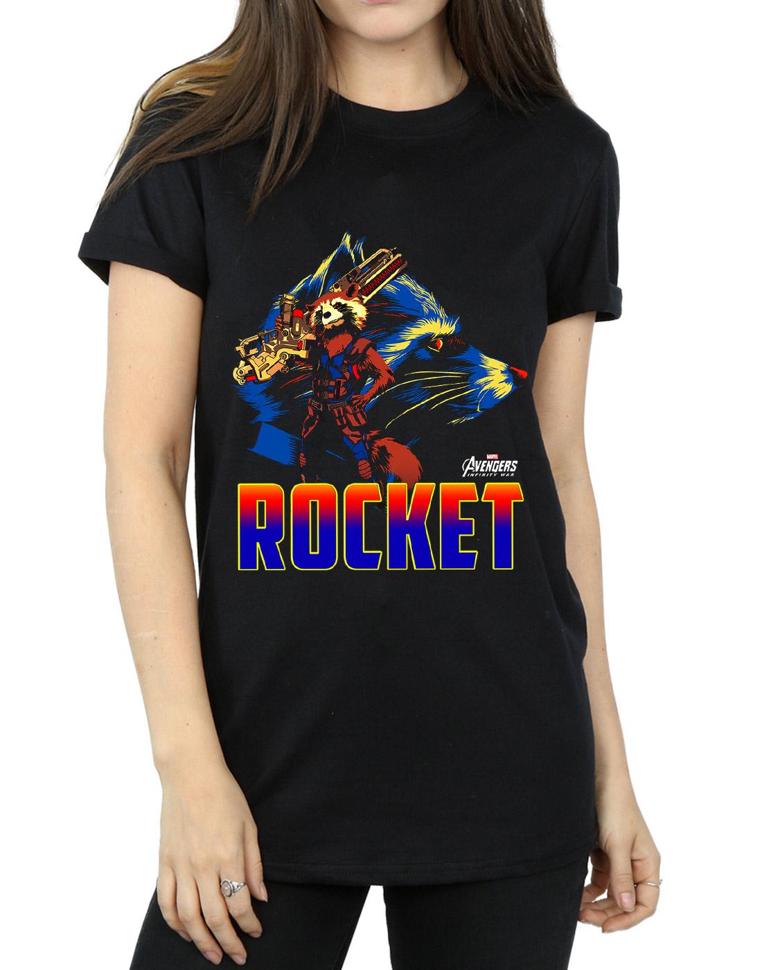 Black - Side - Marvel Womens-Ladies Avengers Infinity War Rocket Character Cotton Boyfriend T-Shirt