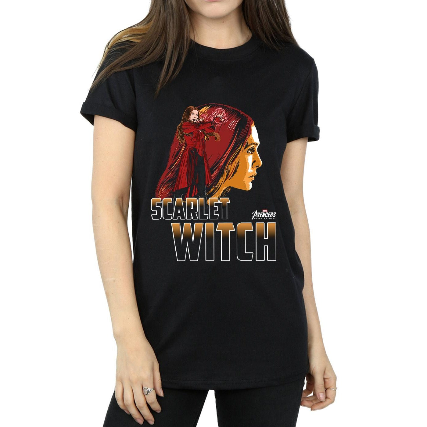 Black - Side - Marvel Womens-Ladies Avengers Infinity War Scarlet Witch Character Cotton Boyfriend T-Shirt