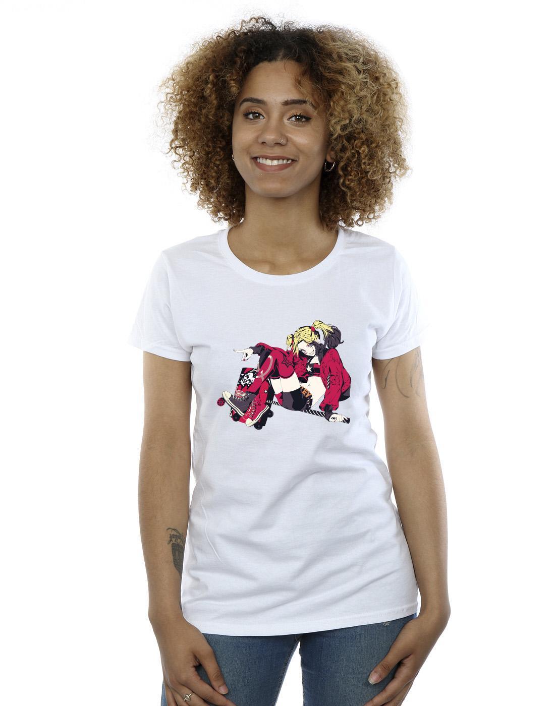 White - Back - DC Comics Womens-Ladies Harley Quinn Rollerskates Cotton T-Shirt
