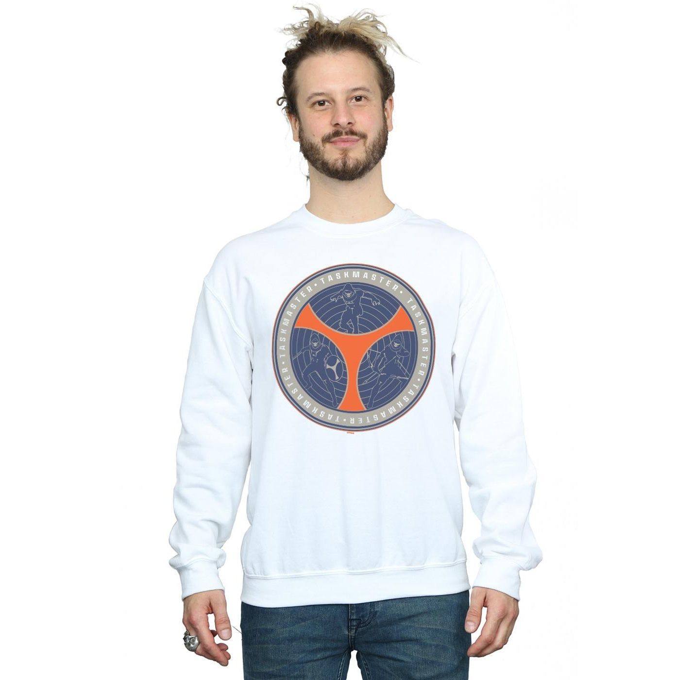 White - Back - Marvel Mens Black Widow Movie Taskmaster Shield Poses Cotton Sweatshirt