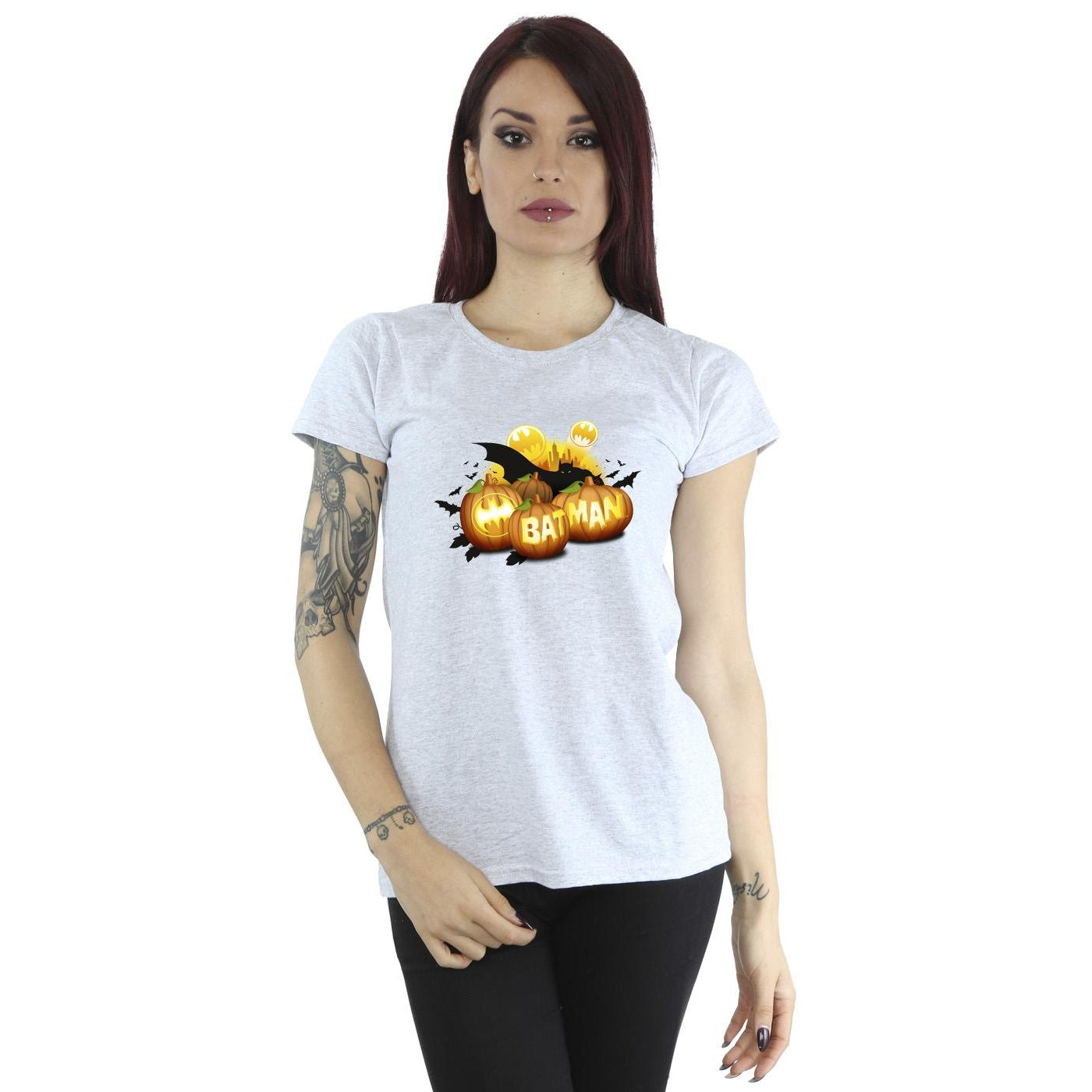 Sports Grey - Back - DC Comics Womens-Ladies Batman Pumpkins Cotton T-Shirt