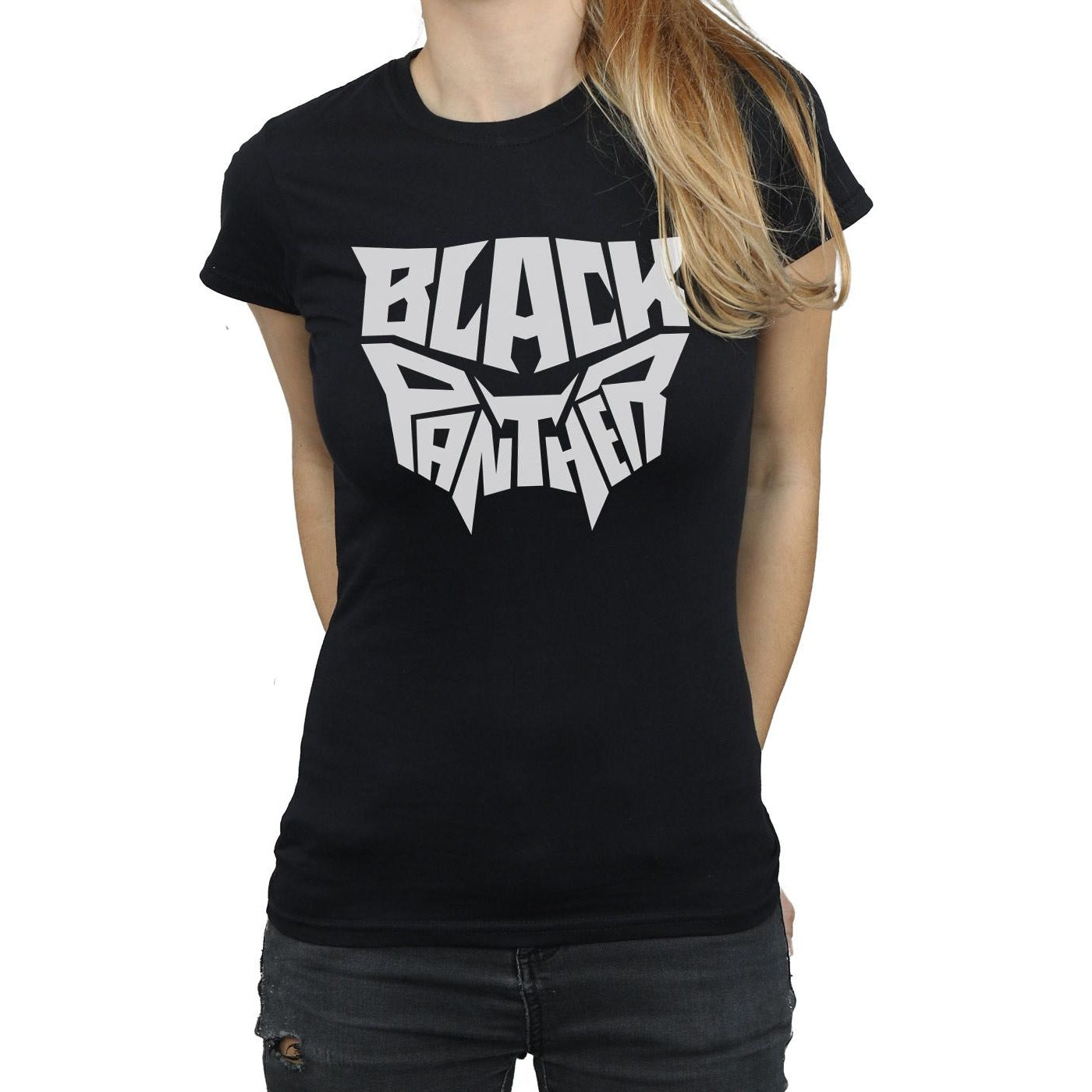 Black - Side - Marvel Womens-Ladies Black Panther Worded Emblem Cotton T-Shirt