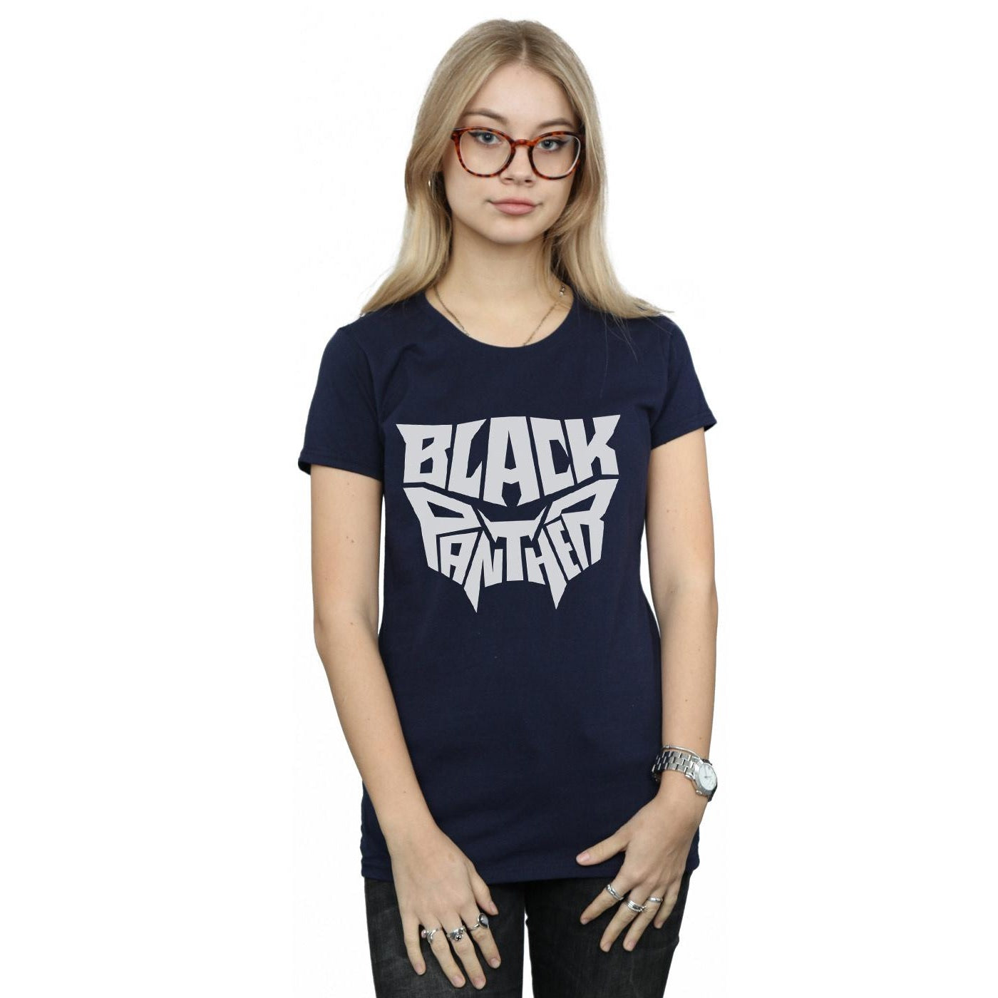 Navy Blue - Back - Marvel Womens-Ladies Black Panther Worded Emblem Cotton T-Shirt