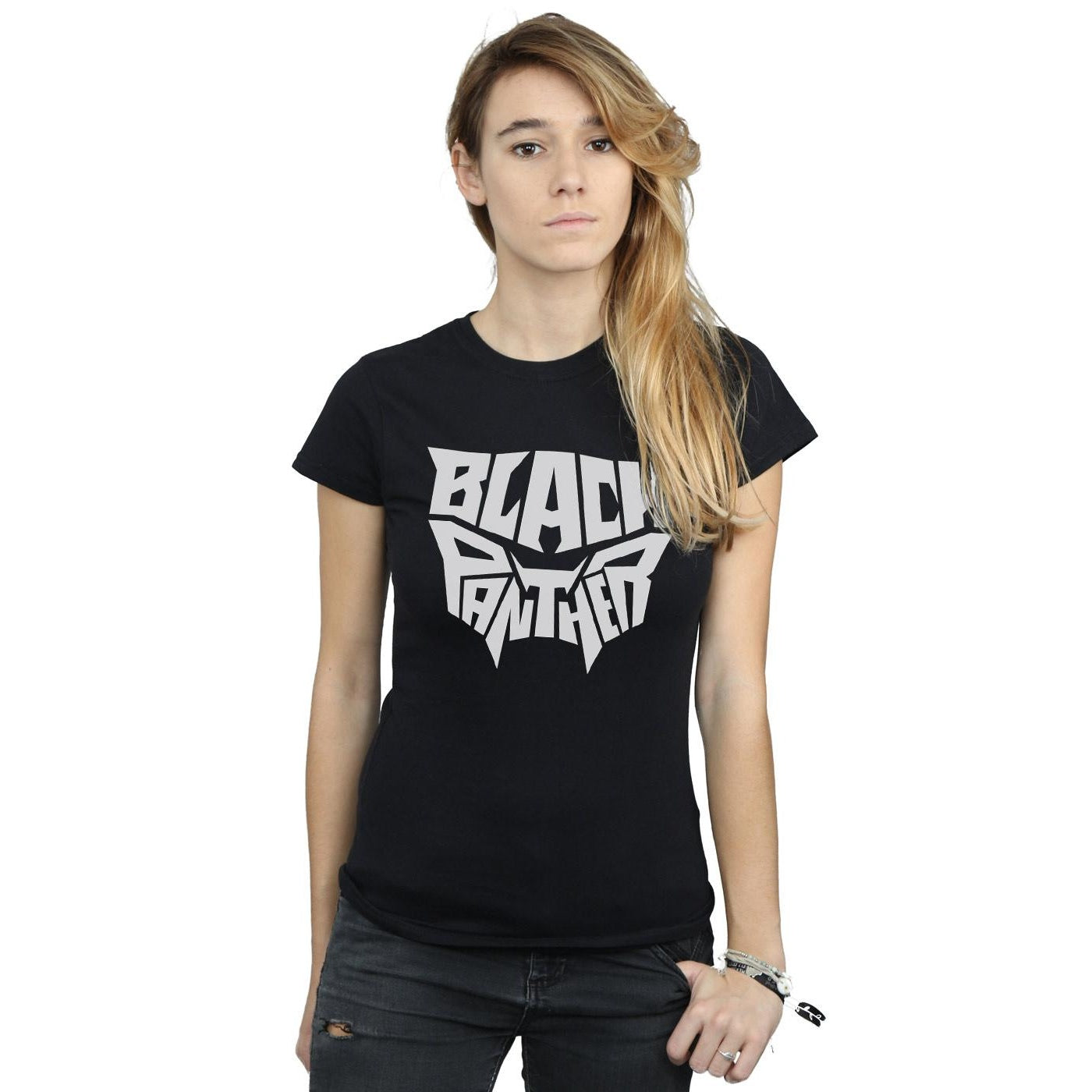 Black - Back - Marvel Womens-Ladies Black Panther Worded Emblem Cotton T-Shirt