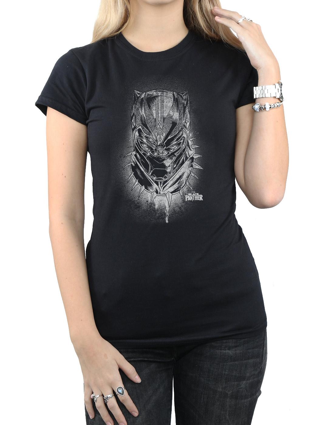 Black - Side - Marvel Womens-Ladies Black Panther Spray Headshot Cotton T-Shirt