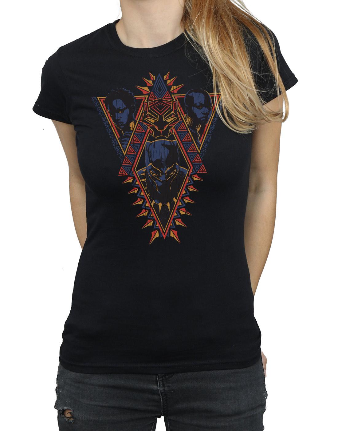 Black - Back - Marvel Womens-Ladies Black Panther Tribal Heads Cotton T-Shirt
