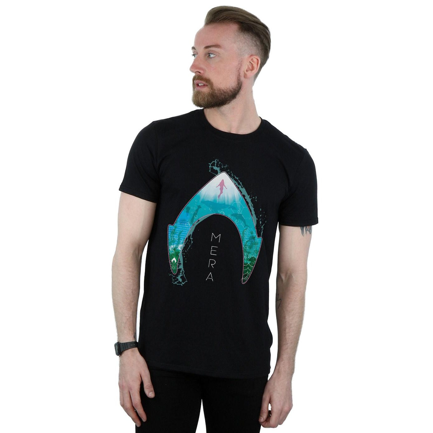 Black - Back - DC Comics Mens Aquaman Mera Ocean Logo T-Shirt