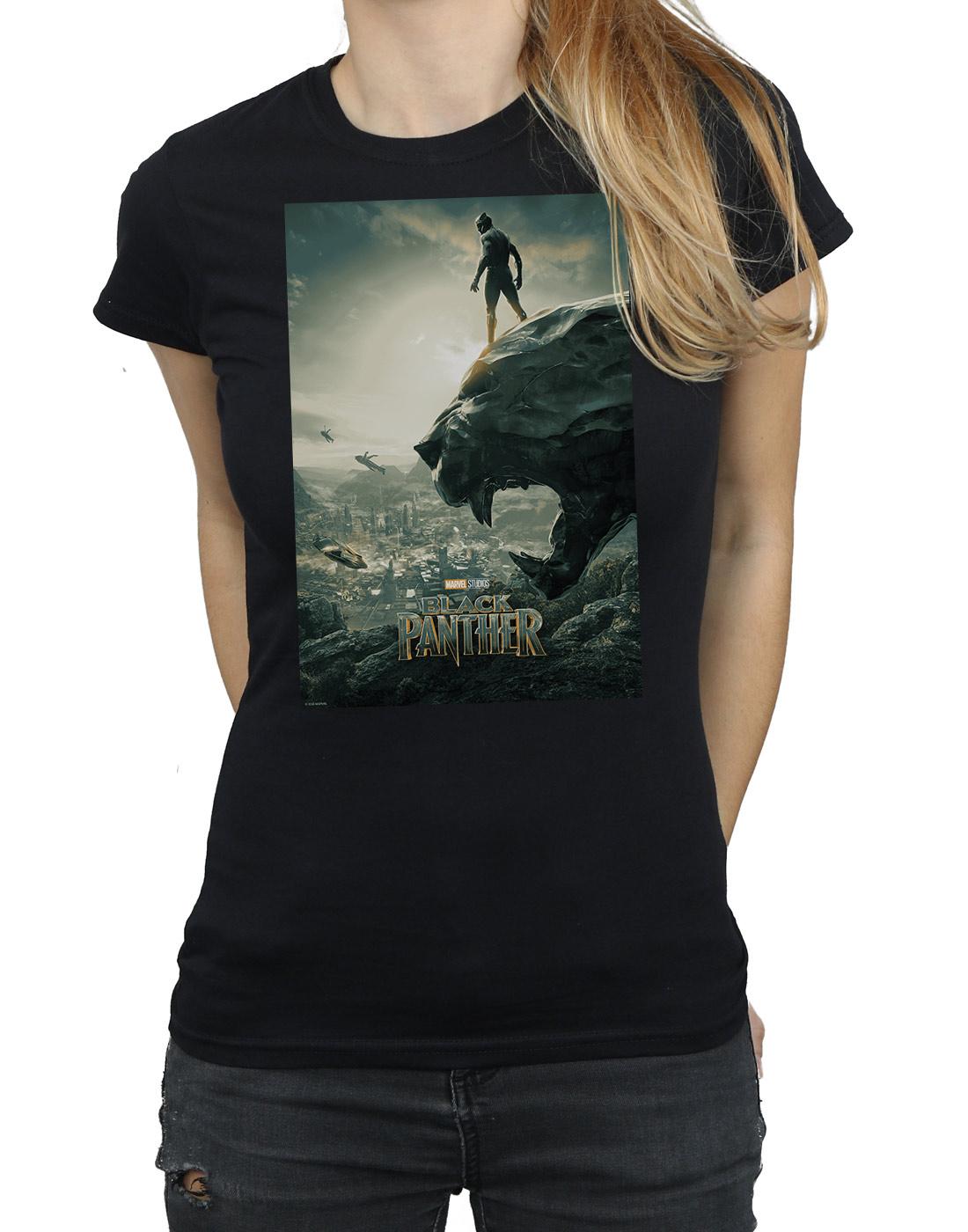 Black - Side - Marvel Womens-Ladies Black Panther Poster Cotton T-Shirt