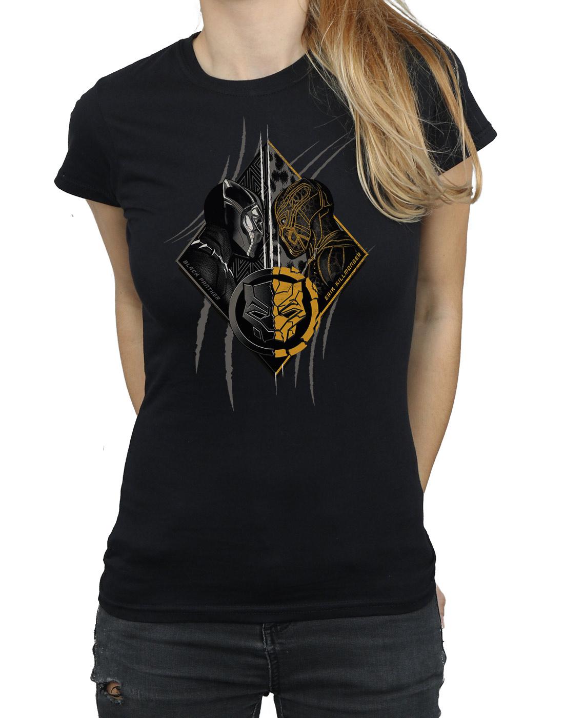 Black - Side - Marvel Womens-Ladies Black Panther Vs Killmonger Cotton T-Shirt