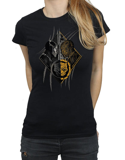 Black - Side - Marvel Womens-Ladies Black Panther Vs Killmonger Cotton T-Shirt