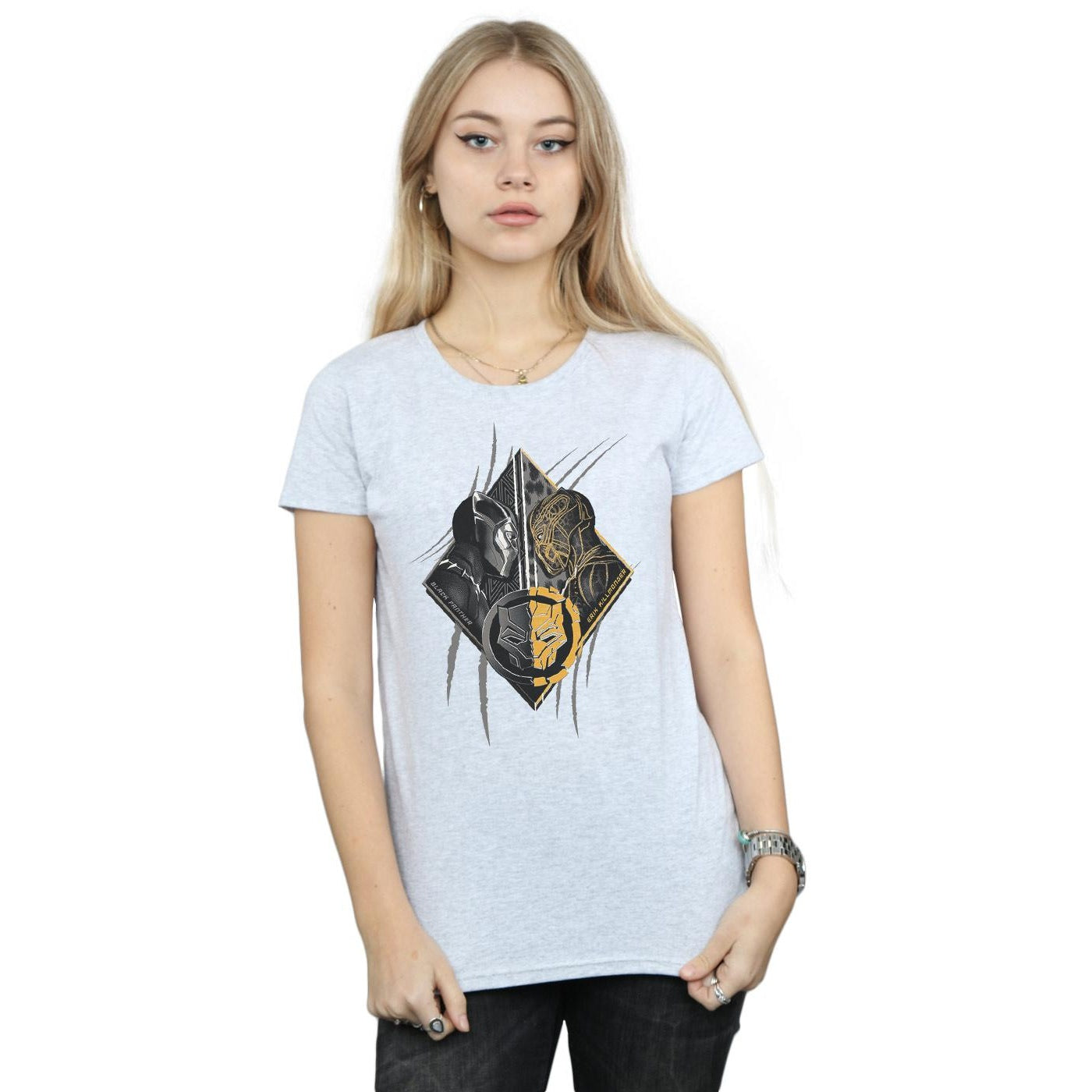 Sports Grey - Back - Marvel Womens-Ladies Black Panther Vs Killmonger Cotton T-Shirt
