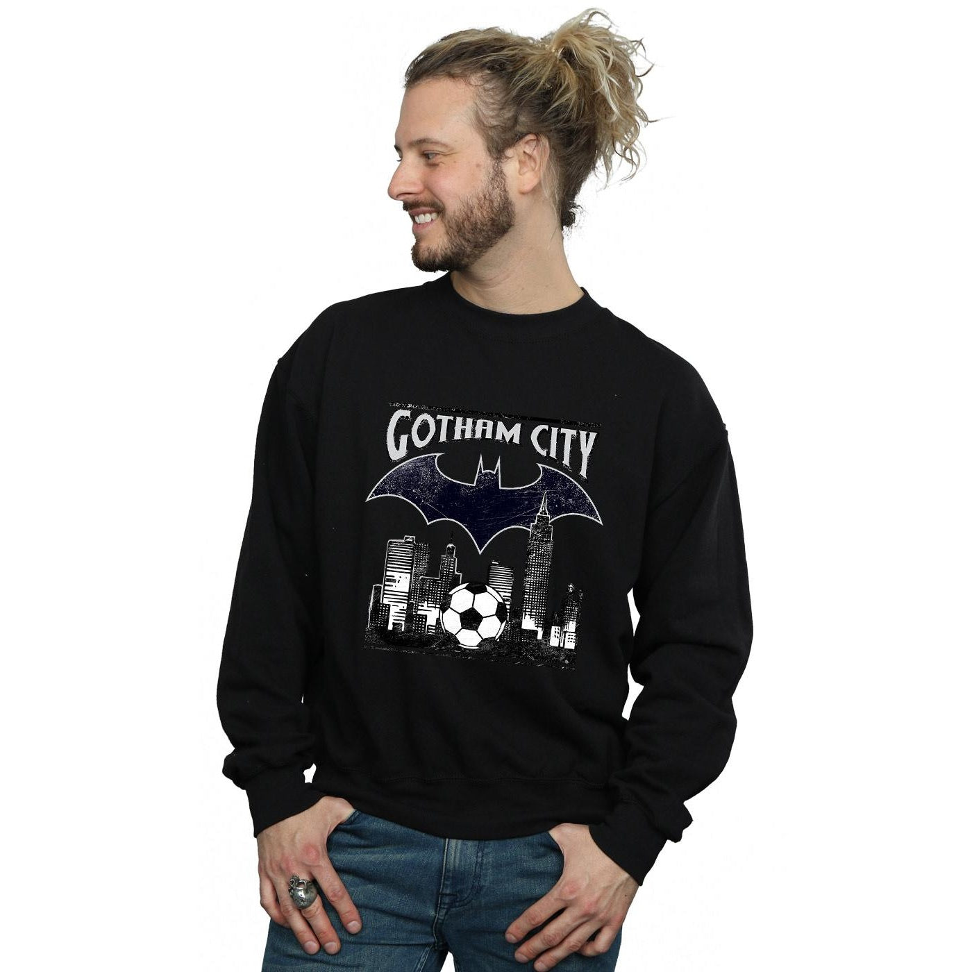 Black - Back - DC Comics Mens Batman Football Gotham City Cotton Sweatshirt