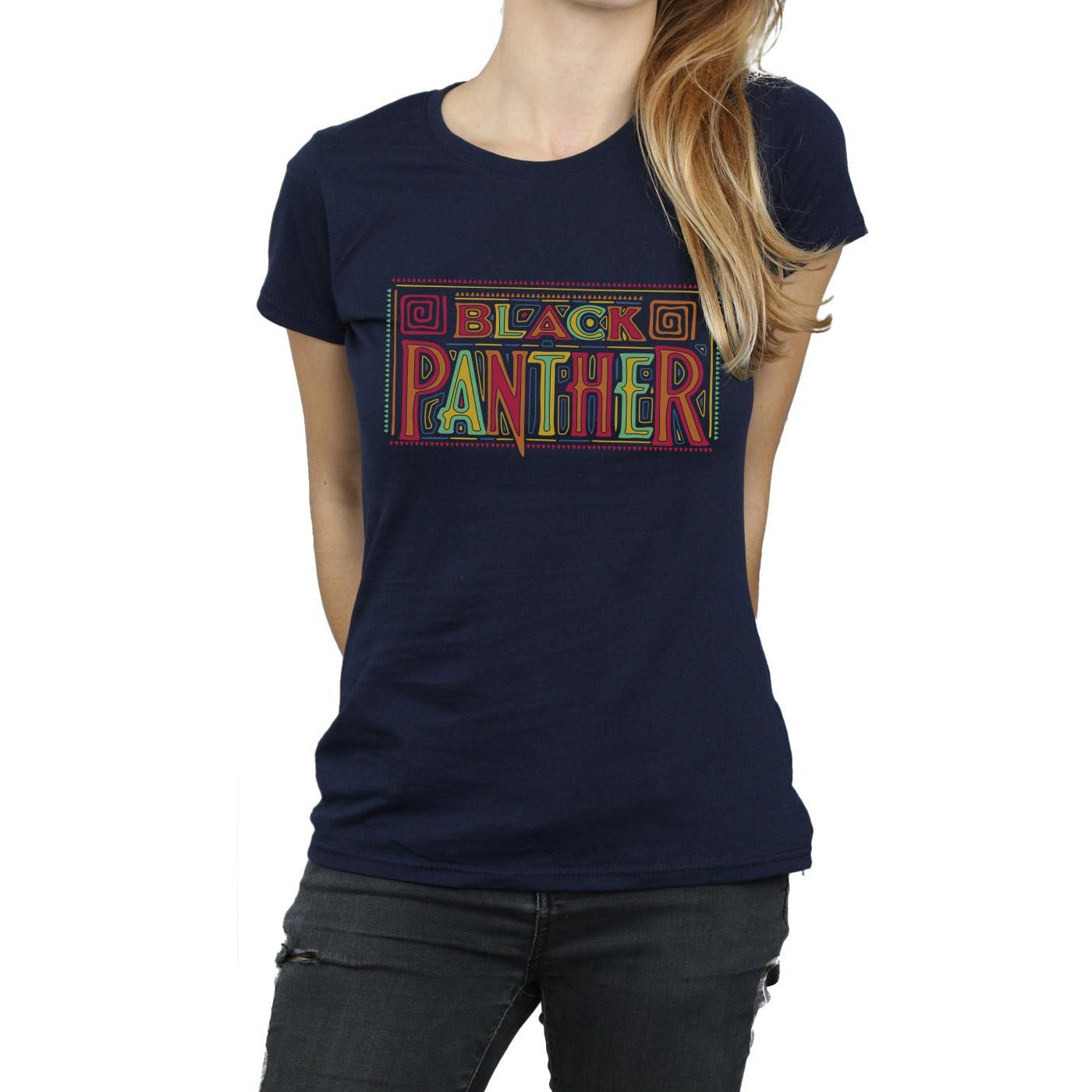 Navy Blue - Side - Marvel Womens-Ladies Black Panther Tribal Logo Cotton T-Shirt